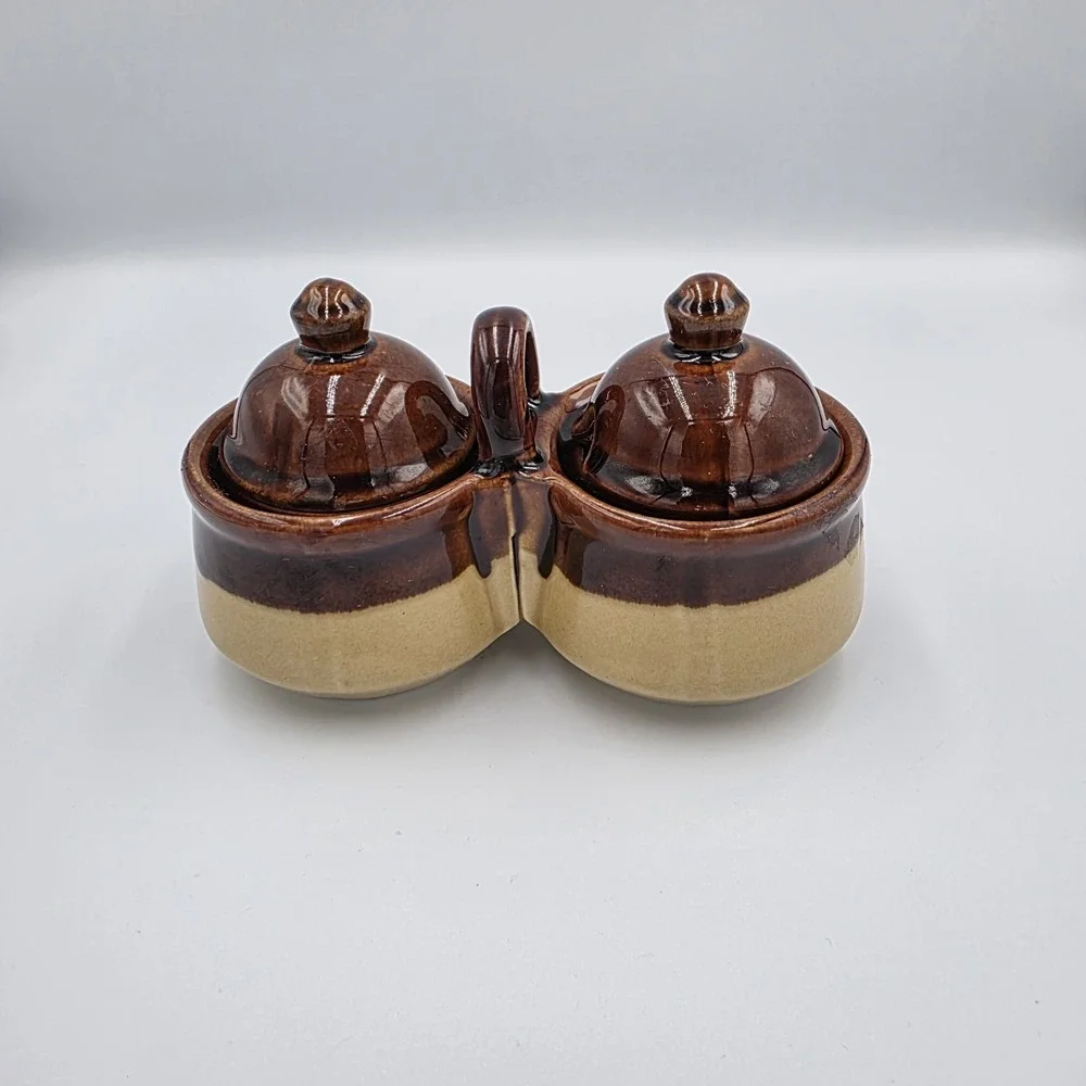 Vintage Condiment Serving Set‎ Lids Stoneware Brown Tan Pottery Double Jelly Jam